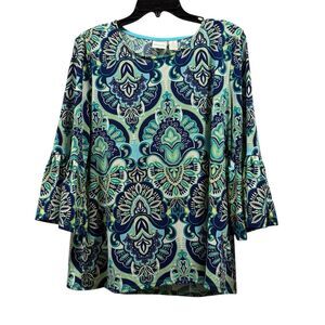 Chico’s Blue Green Paisley Medallion Bell Sleeve Top Size 2 (US L)